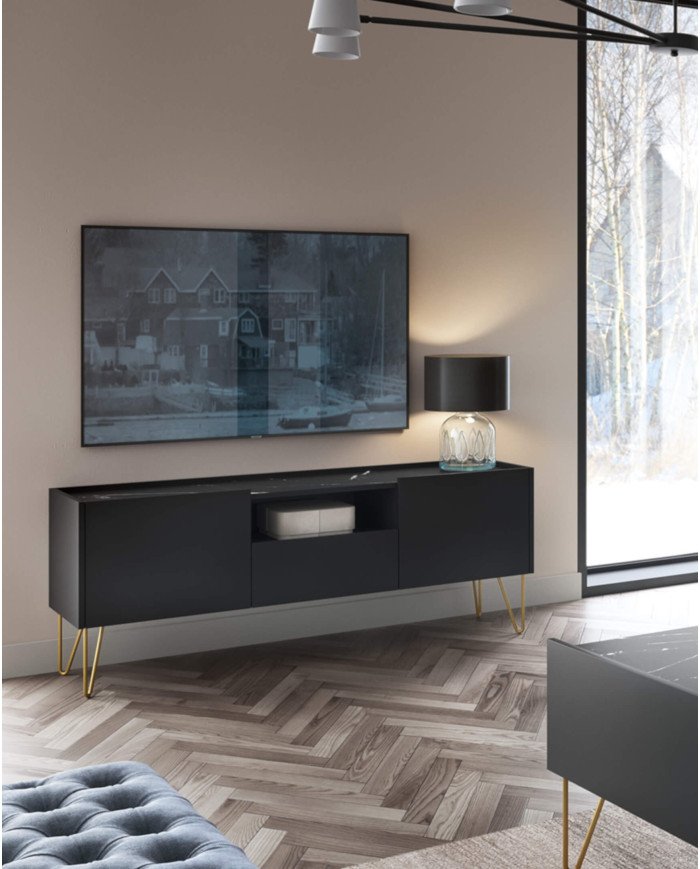 Harmony RTV144 TV cabinet, with doors, niche, drawer, black graphite/black royal marble - Image 5