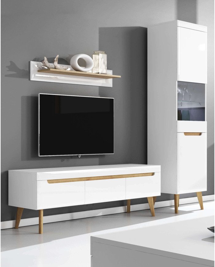 Nordi NRTV107 TV cabinet with drawers, glossy white/Riviera oak - Image 2