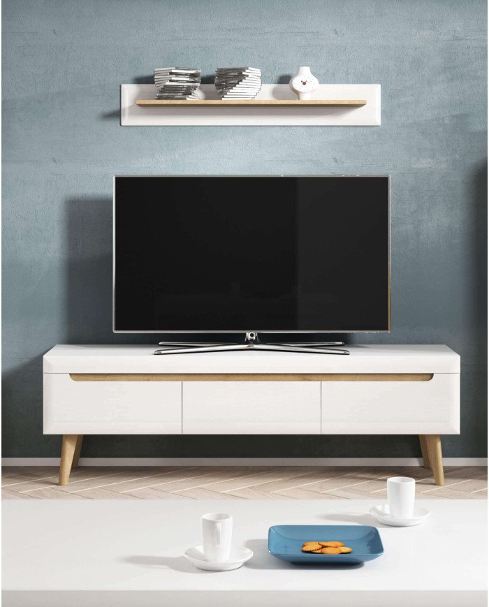 Nordi NRTV107 TV cabinet with drawers, glossy white/Riviera oak - Image 3