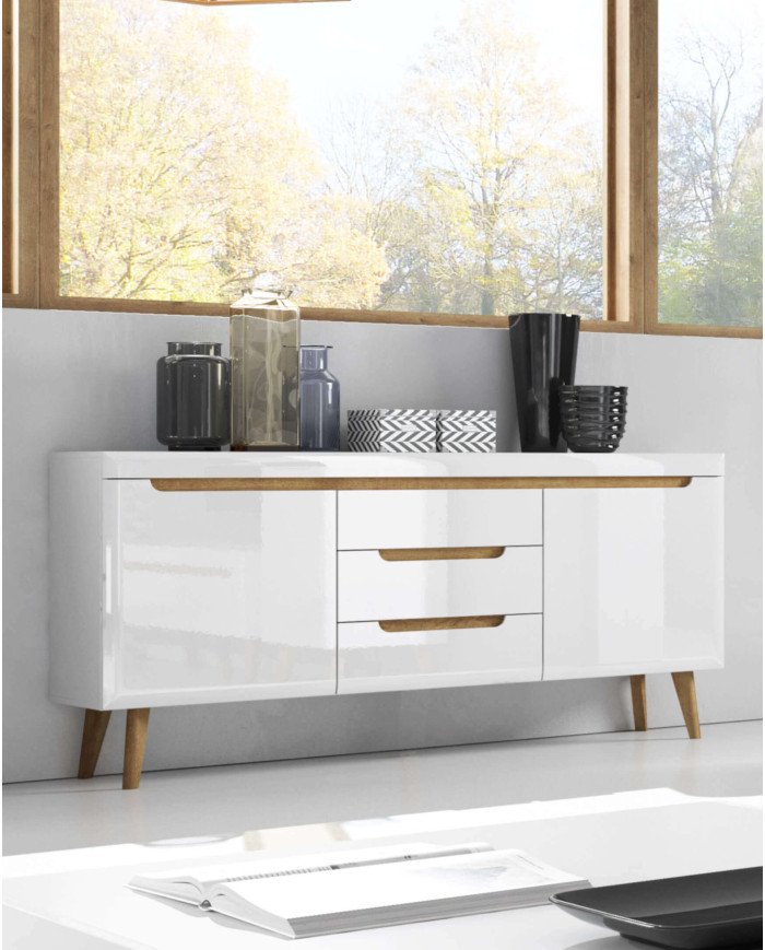Nordi NRTV107 TV cabinet with drawers, glossy white/Riviera oak - Image 4