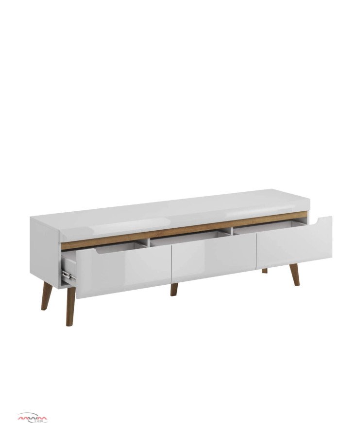 Nordi NRTV160 TV cabinet, drawers, white glossy/Riviera oak - Image 2