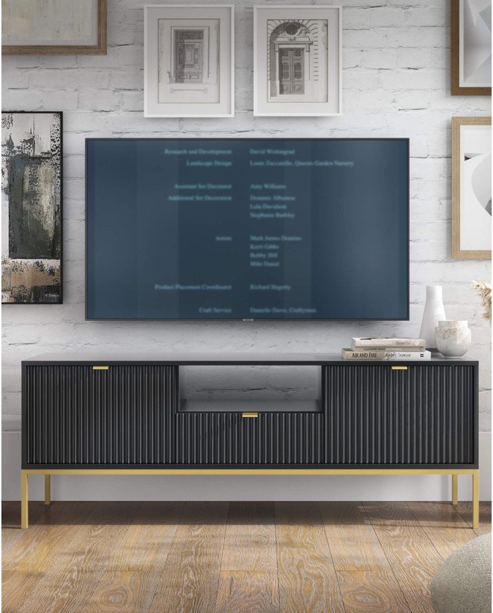 Nova RTV154 TV cabinet, with doors, drawer, niche, black/gold frame - Image 3