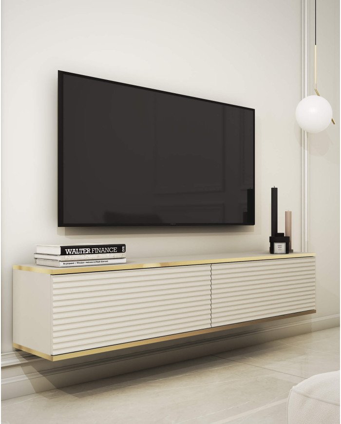 Oro 135 MDF TV cabinet, with doors, wall-mounted, beige/gold color - Image 2