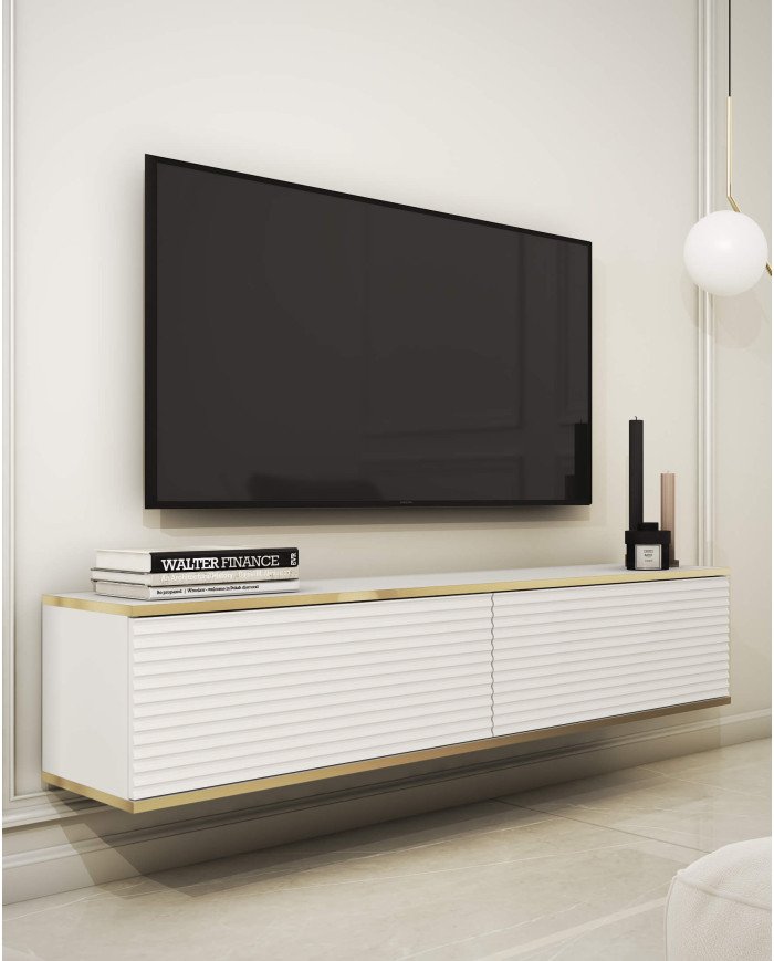 Oro 135 MDF TV cabinet, with doors, wall-mounted, white/gold - Image 2