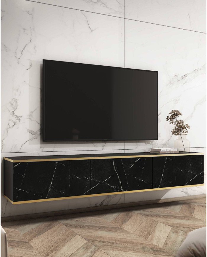 Oro 175 TV cabinet, with doors, wall-mounted, black marble/gold - Image 2