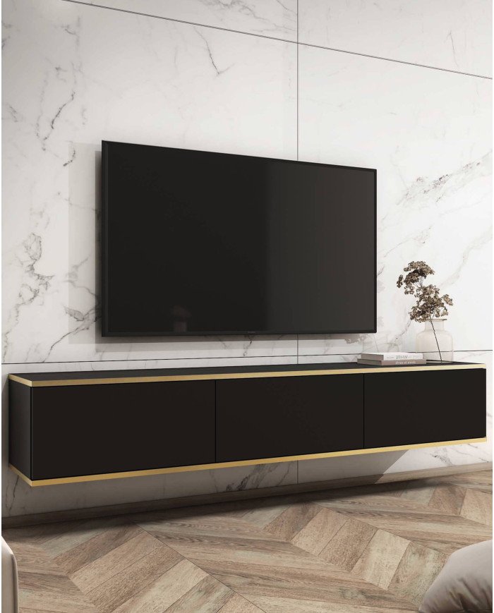 Oro 175 TV cabinet, with doors, wall-mounted, black/gold - Image 2