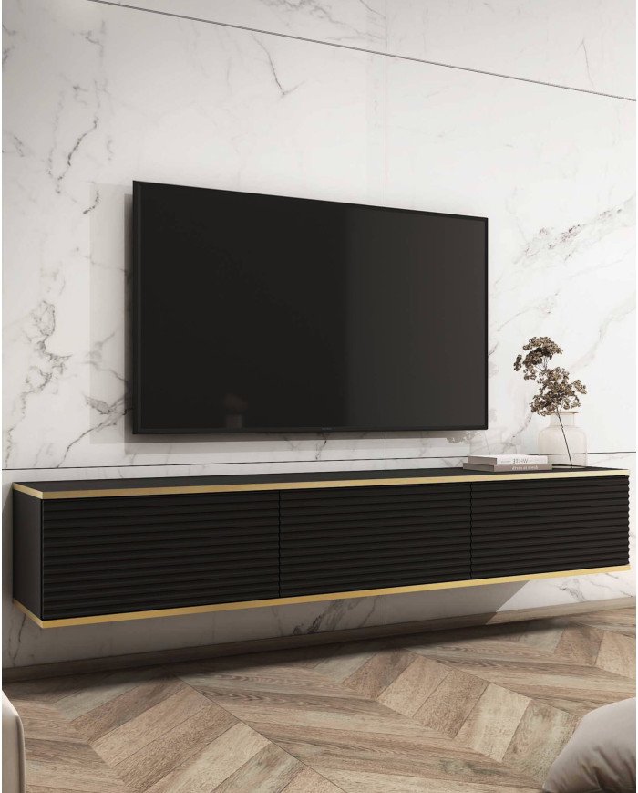 Oro 175 MDF TV cabinet, with doors, wall-mounted, black/gold - Image 2