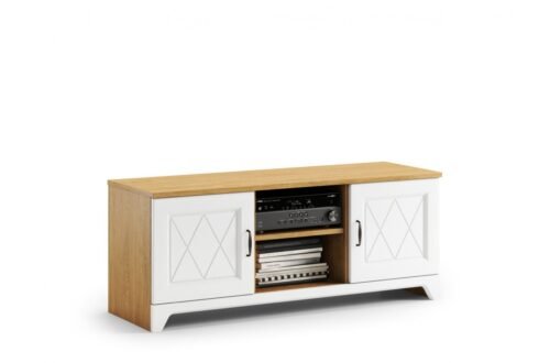 TV cabinet PROVENZA D2 stone oak/matte white – RETRO TV STANDING IN THE ROOM
