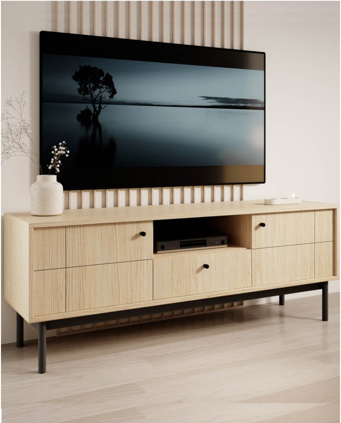 Japandi RTV 154 TV cabinet, with doors, drawer, niche, Linea oak/black - Image 5