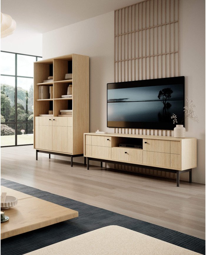 Japandi RTV 154 TV cabinet, with doors, drawer, niche, Linea oak/black - Image 6