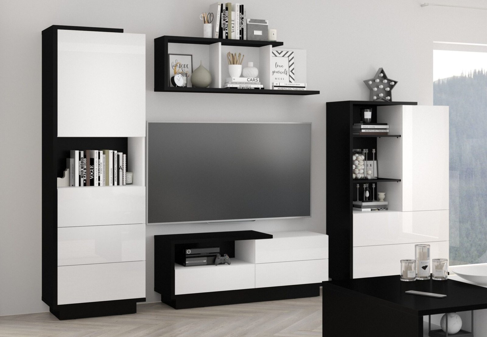 HYBRID #1 living room furniture, TV cabinet, shelf, black and white glossyHYBRID