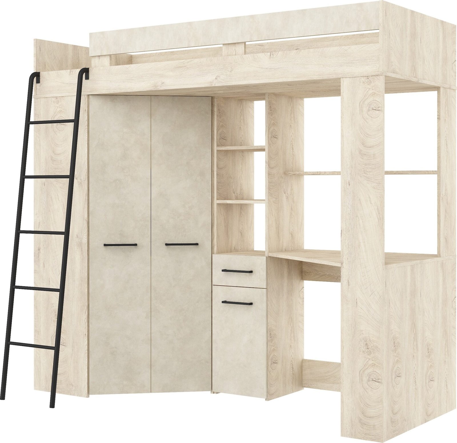FLO L almond gray bunk bed with desk, corner wardrobe, mezzanine