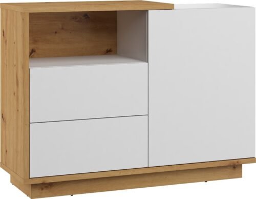 HYBRID 03 furniture chest of drawers with doors and shelf, oak, white glossy colorHYBRID
