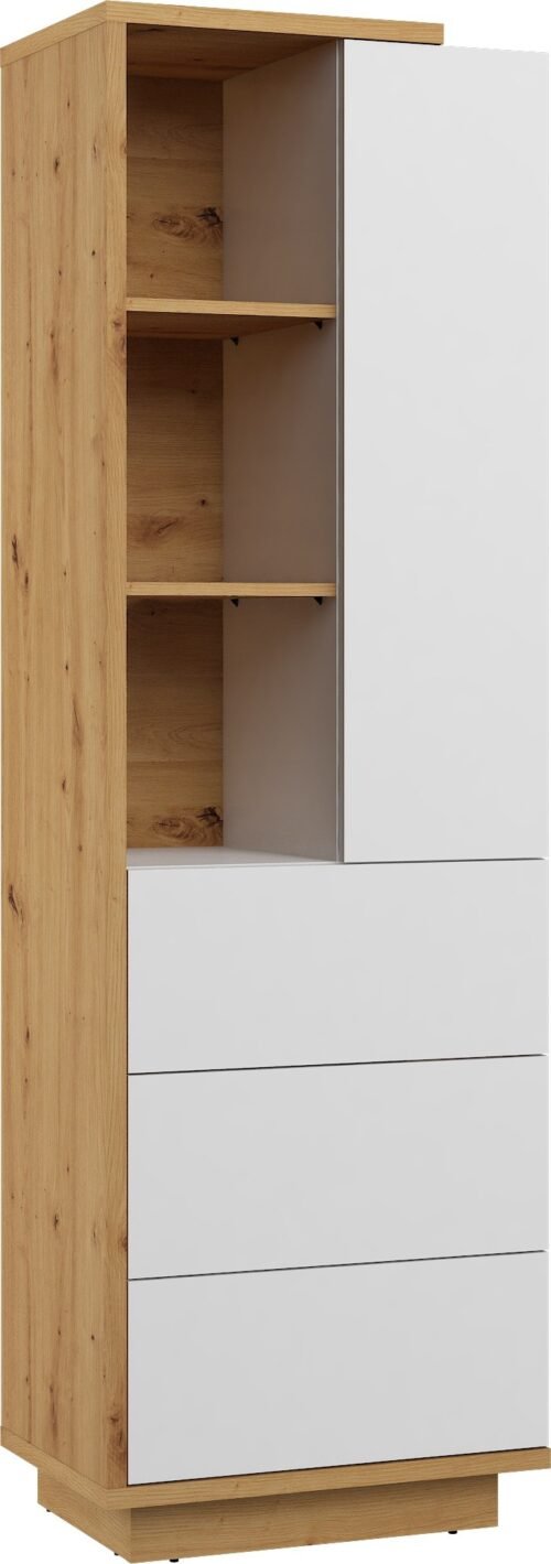 HYBRID 19 high furniture shelf with shelves, drawer, door, oak, whiteHYBRID