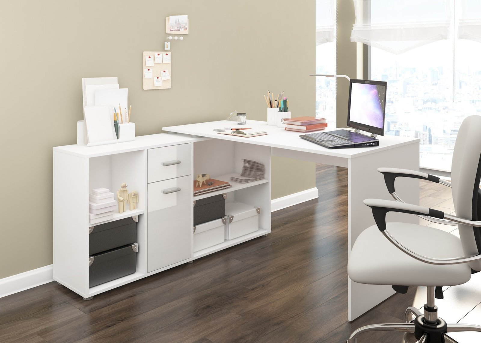 BEAT L-shaped height-adjustable corner table, white, glossy white