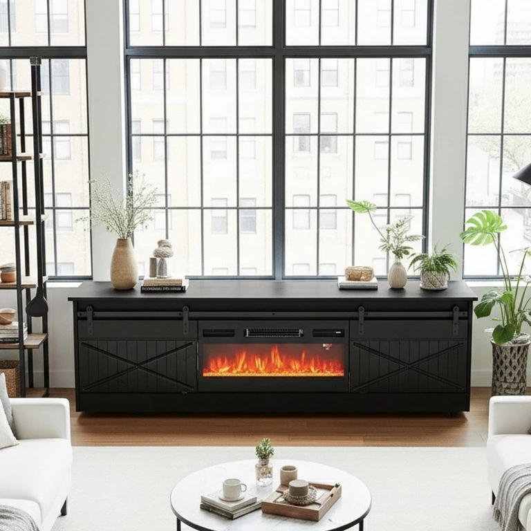 GRANERO black TV cabinet with fireplace