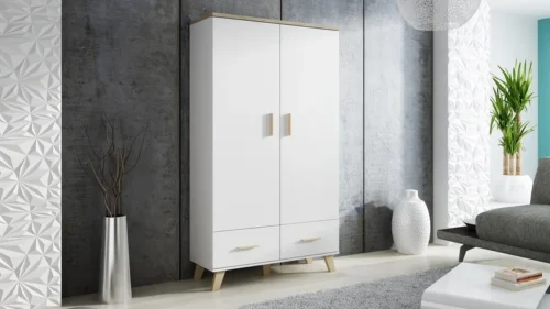 LOTTA WHITE 110 – matte white wardrobe on legs with 2 doors and 2 drawers