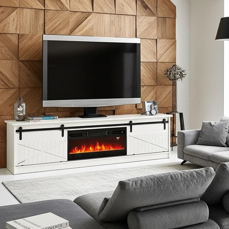GRANERO white TV cabinet with fireplace