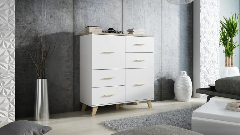 LOTTA WHITE 110 - chest of drawers on legs with 2 doors and 4 drawers