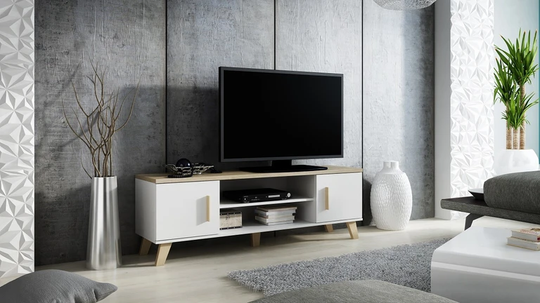 LOTTA WHITE 160 - white matte TV cabinet with legs and 2 doors