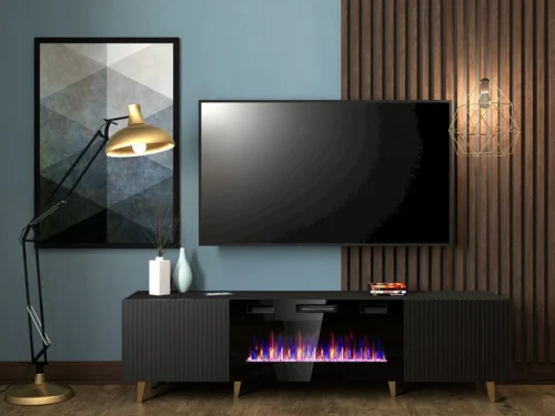PAFOS TV cabinet 180 cm black with fireplace