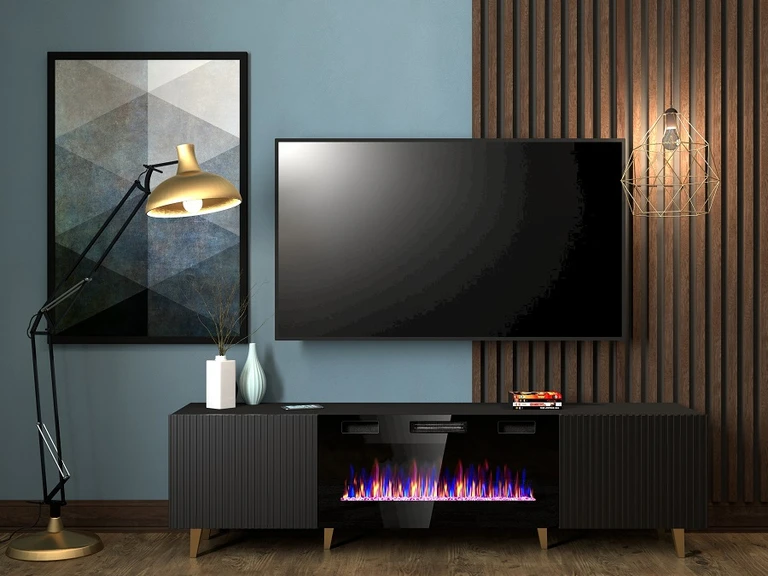 PAFOS TV cabinet 180 cm black with fireplace