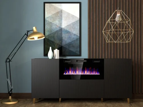 PAFOS chest of drawers 180 cm black with fireplace
