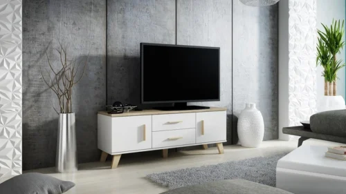 LOTTA WHITE 140 – TV cabinet on legs with 2 doors and 2 drawers