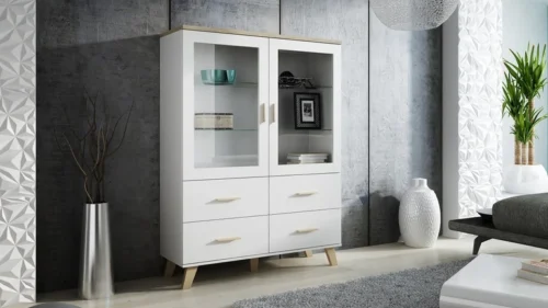 LOTTA WHITE 120 – display cabinet on legs with 2 doors and 4 drawers
