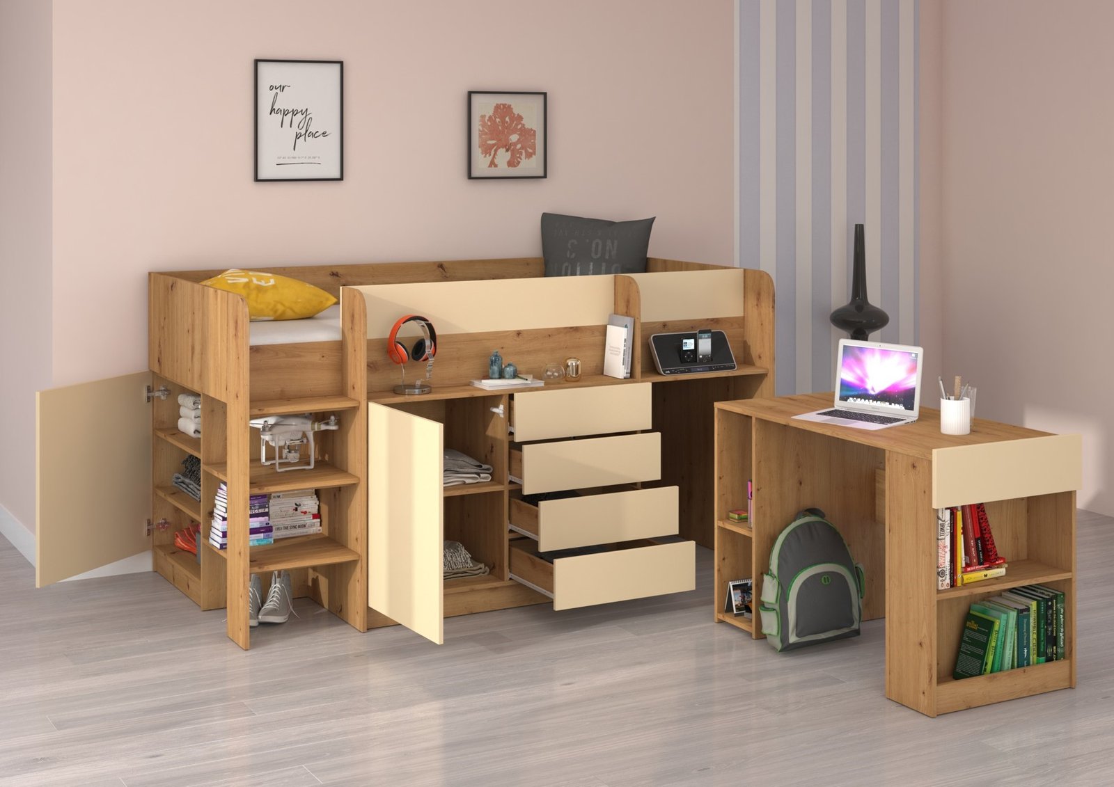 EMI L double bed, desk, chest of drawers, mezzanine, oak furniture, cream color - Image 4