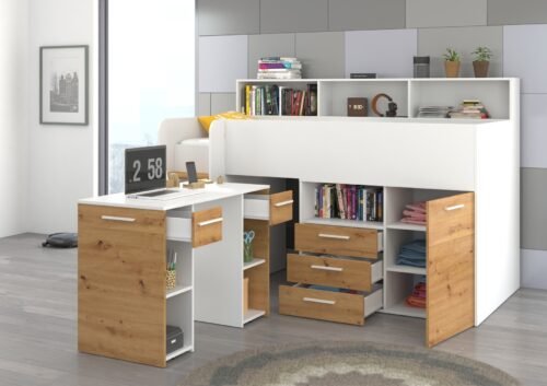 Children’s bunk bed for youth, mezzanine ENO L, white / oak