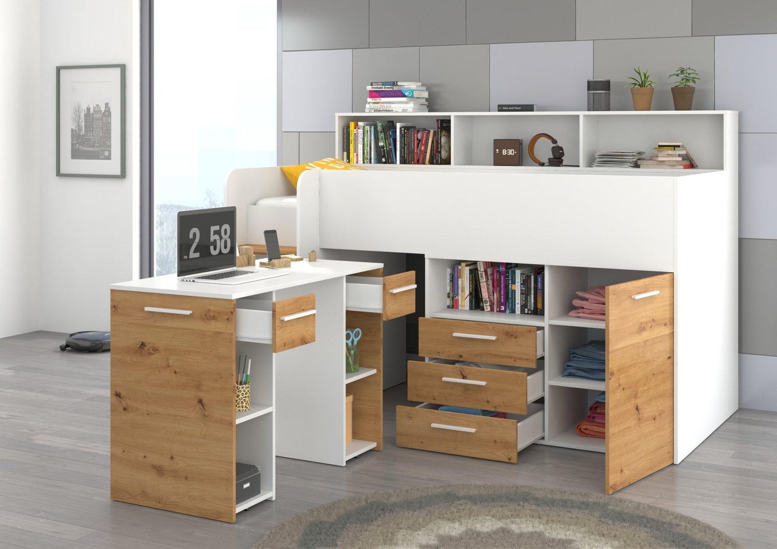 Children's bunk bed for youth, mezzanine ENO L, white / oak