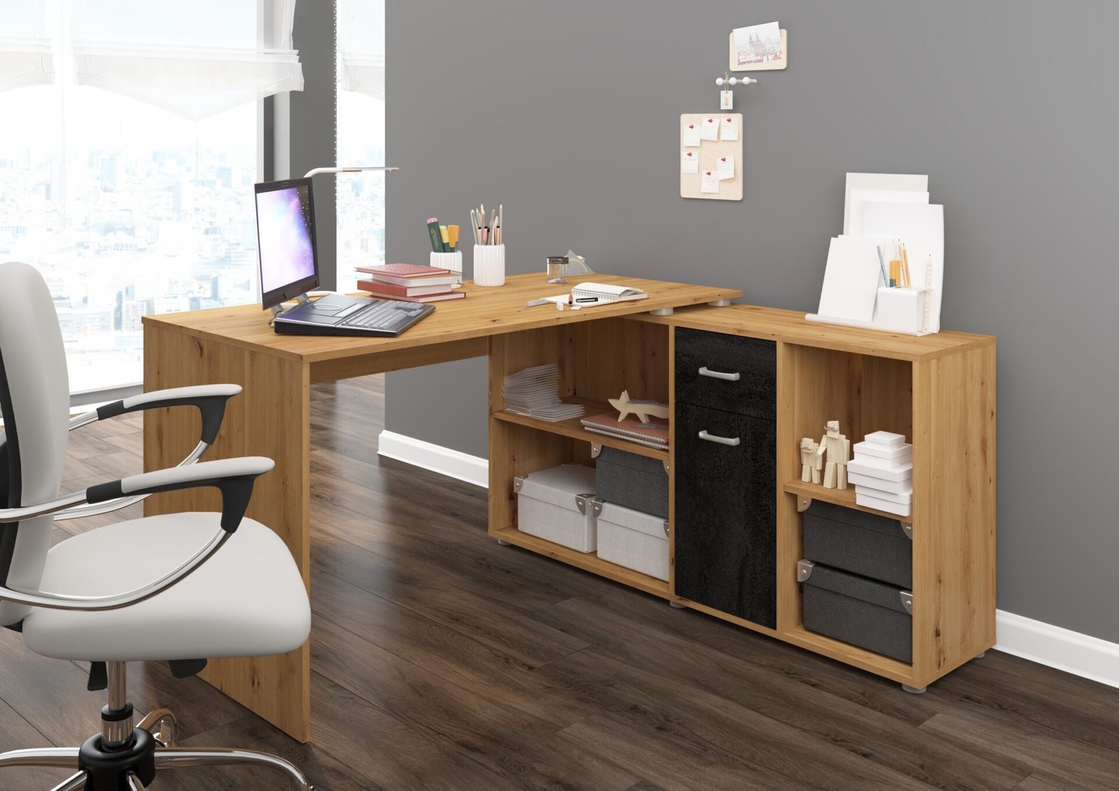 BEAT P corner table, straight, height-adjustable, gaming table, artisan oak, black concrete - Image 2