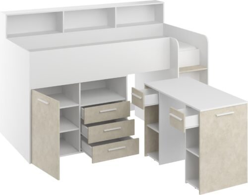 Children’s youth bunk bed with mezzanine table ENO P, white, almond gray