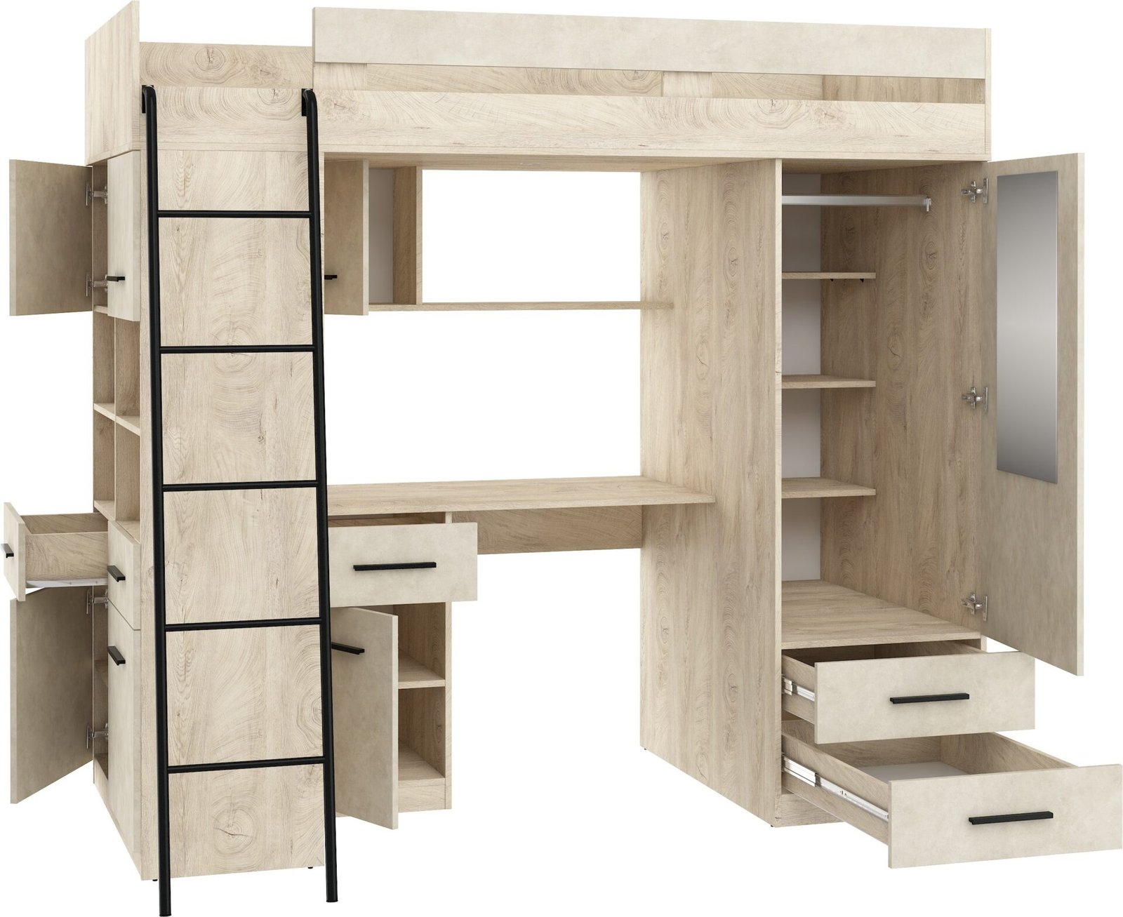 VELVE L mezzanine with table, wardrobe, chest of drawers, engraved oak, almond color - Image 6