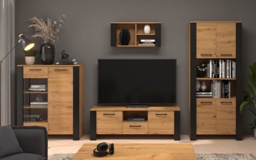 SLIDE furniture set No. 1, display case set, TV cabinet, shelf, oak, black