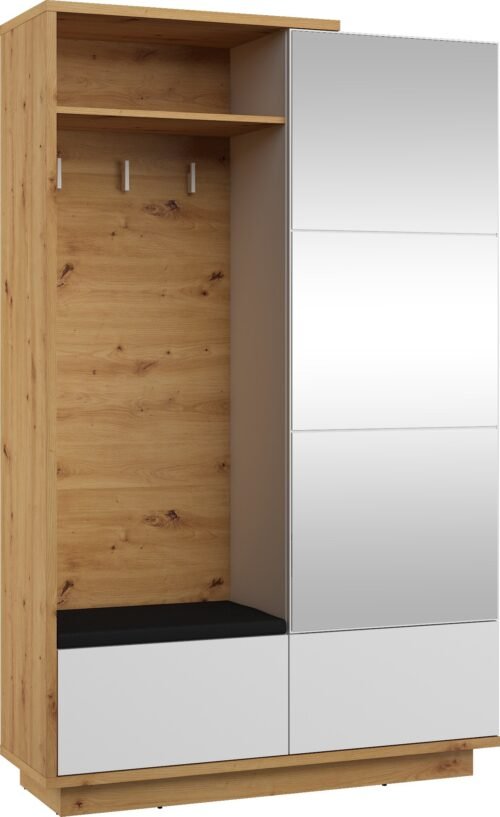 HYBRID 16-piece hallway cabinet with seat, oak, glossy white colorHYBRID