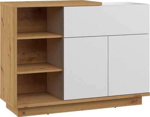 HYBRID 06 furniture, chest of drawers with shelves and doors, artificial oak color, white glossyHYBRID