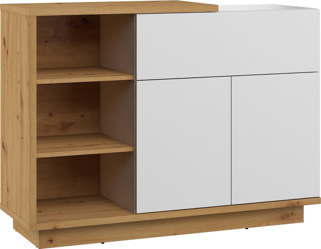 HYBRID 06 furniture, chest of drawers with shelves and doors, artificial oak color, white glossyHYBRID