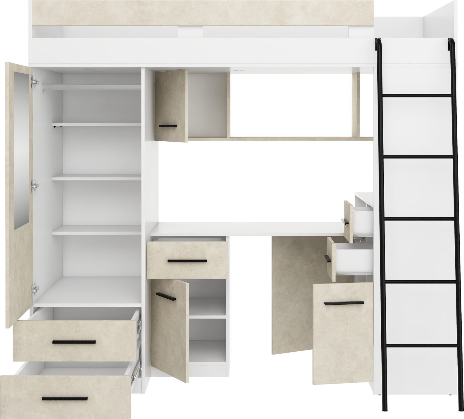 SMYK P mezzanine with desk, wardrobe and chest of drawers, white, almond color - Image 6