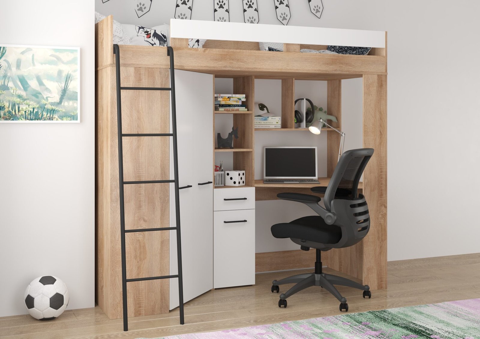 FLO L bunk bed with desk, corner wardrobe, mezzanine, Sonoma oak, white - Image 3