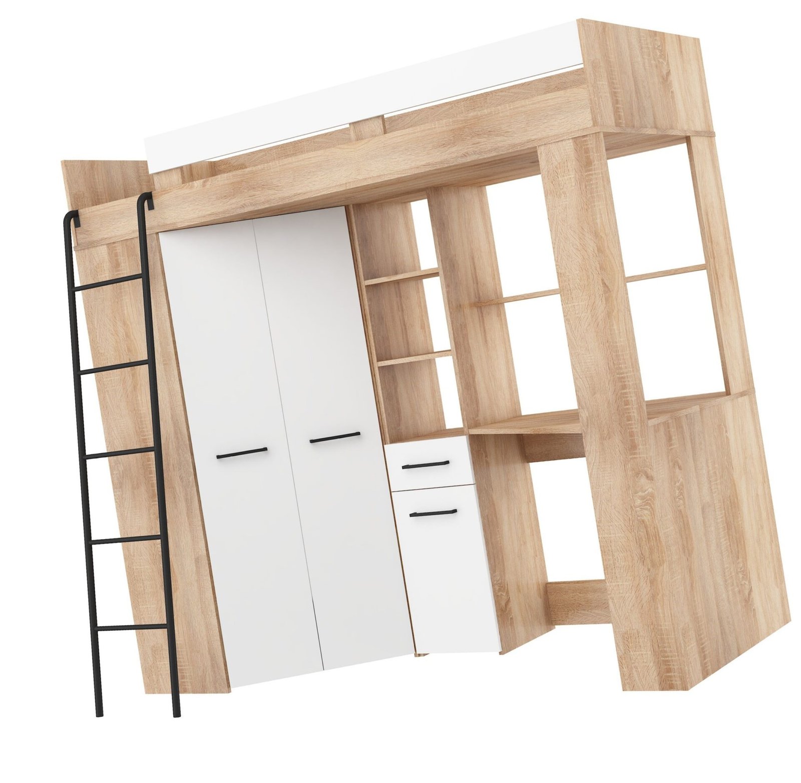 FLO L bunk bed with desk, corner wardrobe, mezzanine, Sonoma oak, white - Image 8