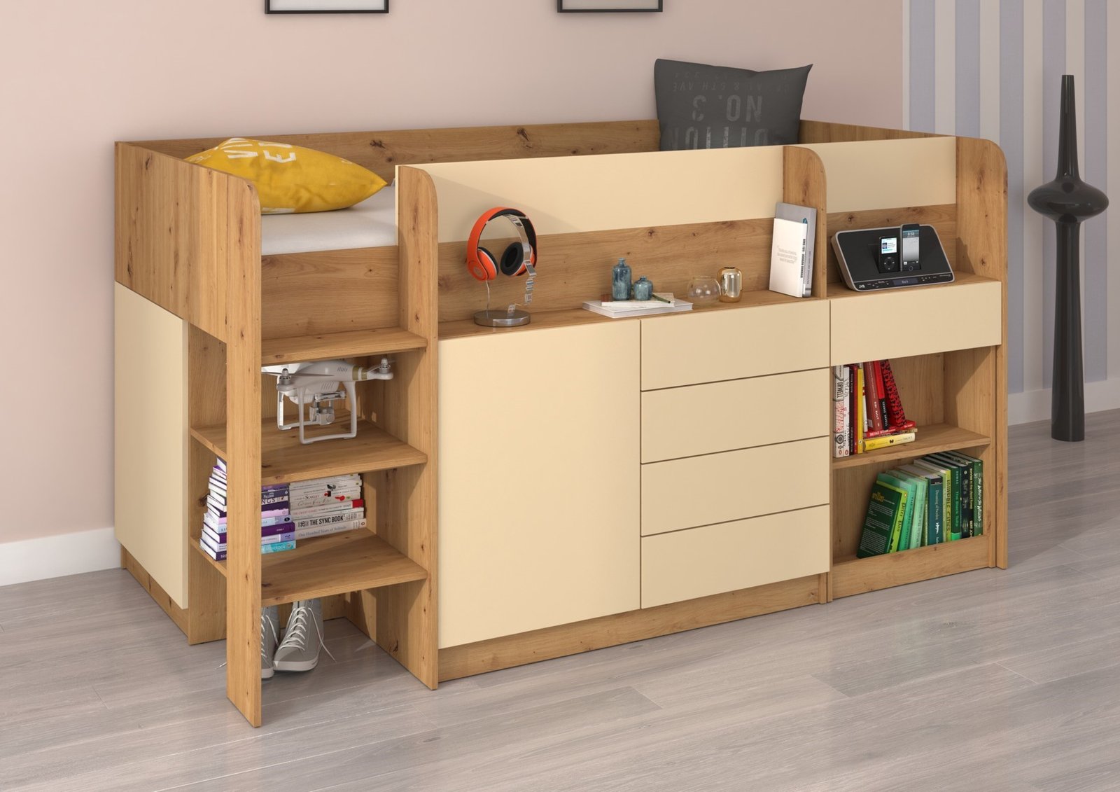 EMI L double bed, desk, chest of drawers, mezzanine, oak furniture, cream color - Image 2
