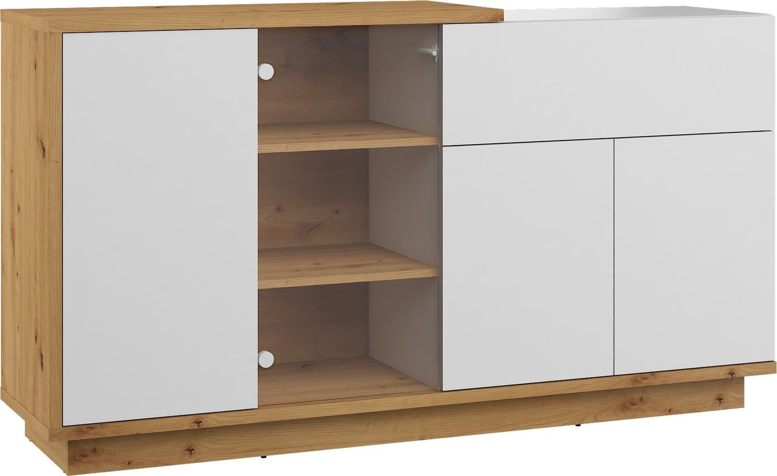 HYBRID 08 furniture display cabinet with drawer for living room, artificial oak color, glossy whiteHYBRID