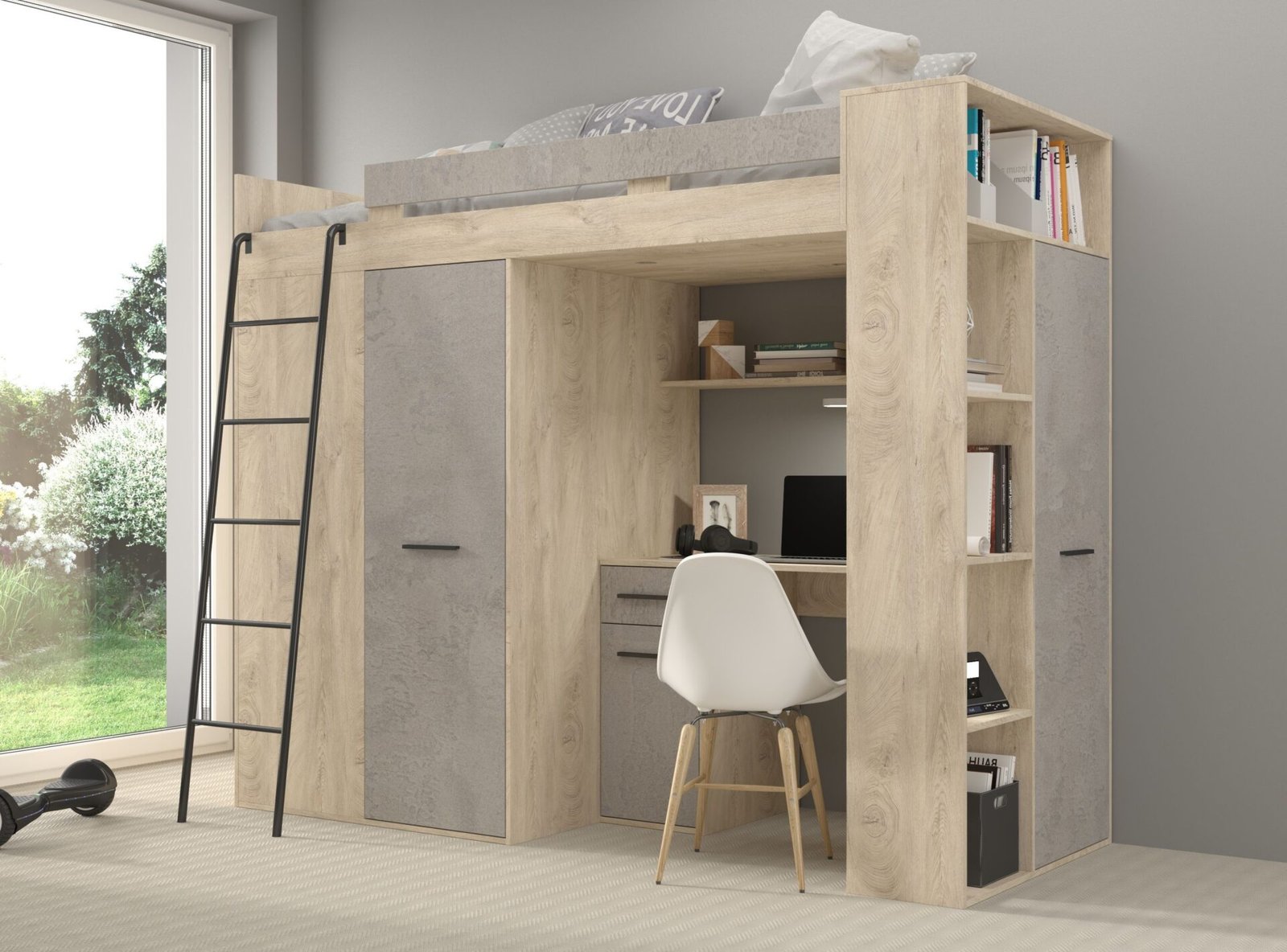 RAVENA L mezzanine with table, wardrobe and chest of drawers, painted oak, concrete - Image 2