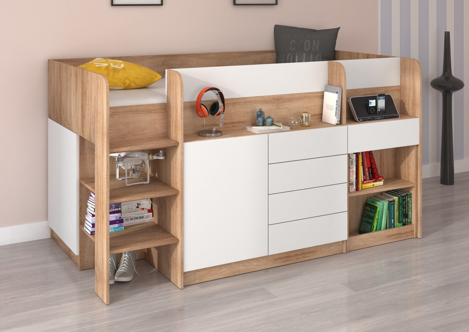 EMI L bunk bed, desk, chest of drawers, mezzanine, Sonoma oak, white - Image 2