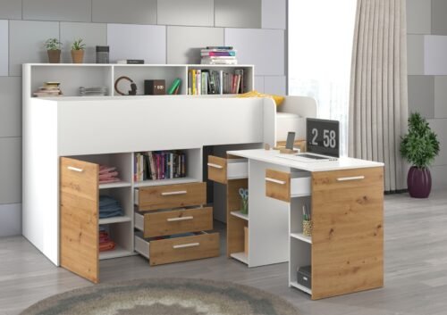 Children’s bunk bed for youth, mezzanine ENO P, white / oak