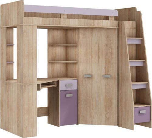 SOLA P bunk bed with table, corner wardrobe, mezzanine, Sonoma oak, purple