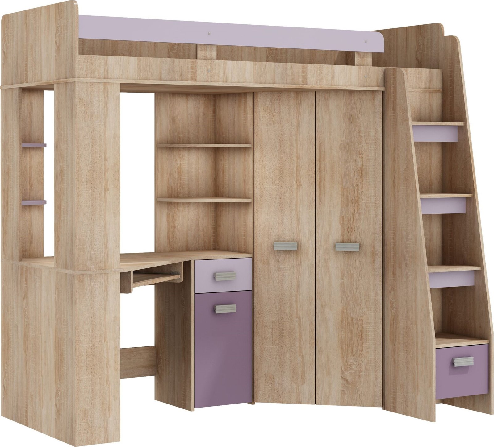 SOLA P bunk bed with table, corner wardrobe, mezzanine, Sonoma oak, purple