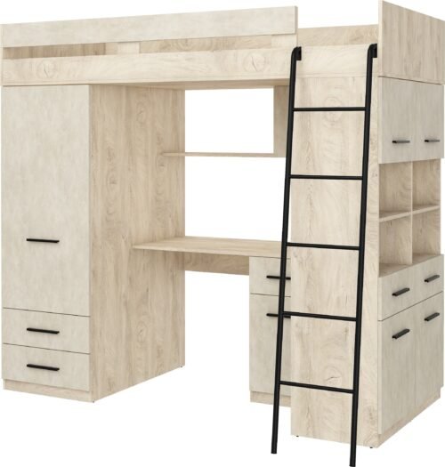 VELVE P bunk bed with mezzanine and desk, wardrobe, chest of drawers, engraved oak, almond color